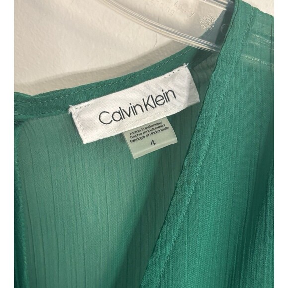 CALVIN KLEIN Kelly Green Ruffle Wrap Dress Women 4 Flutter Sleeve Midi Chiffon - Picture 2 of 16